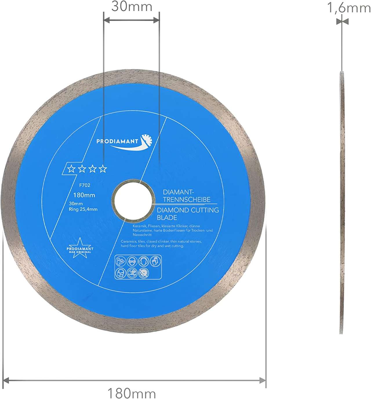 prodiamant diamanttrennscheibe fliese f702 180mm 30 abmessung