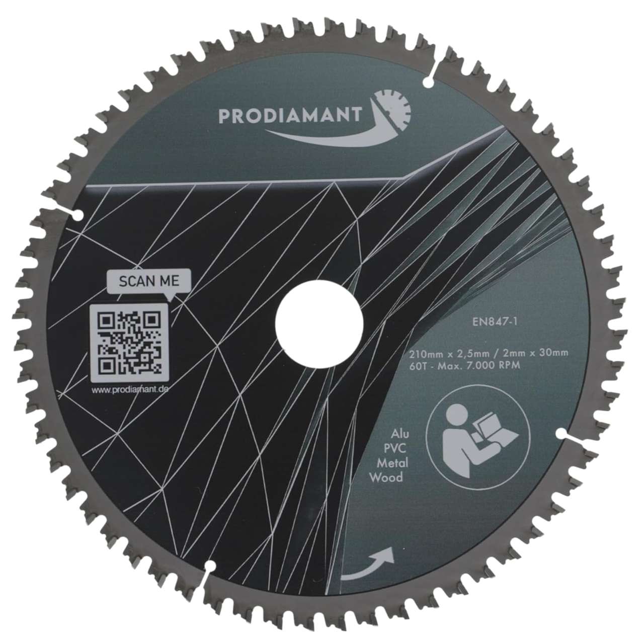 Kreissägeblatt 210mm für Holz, Metall & Alu mit HM TCT Zähnen prodiamant-tct-kreissaegeblatt-210-vorne