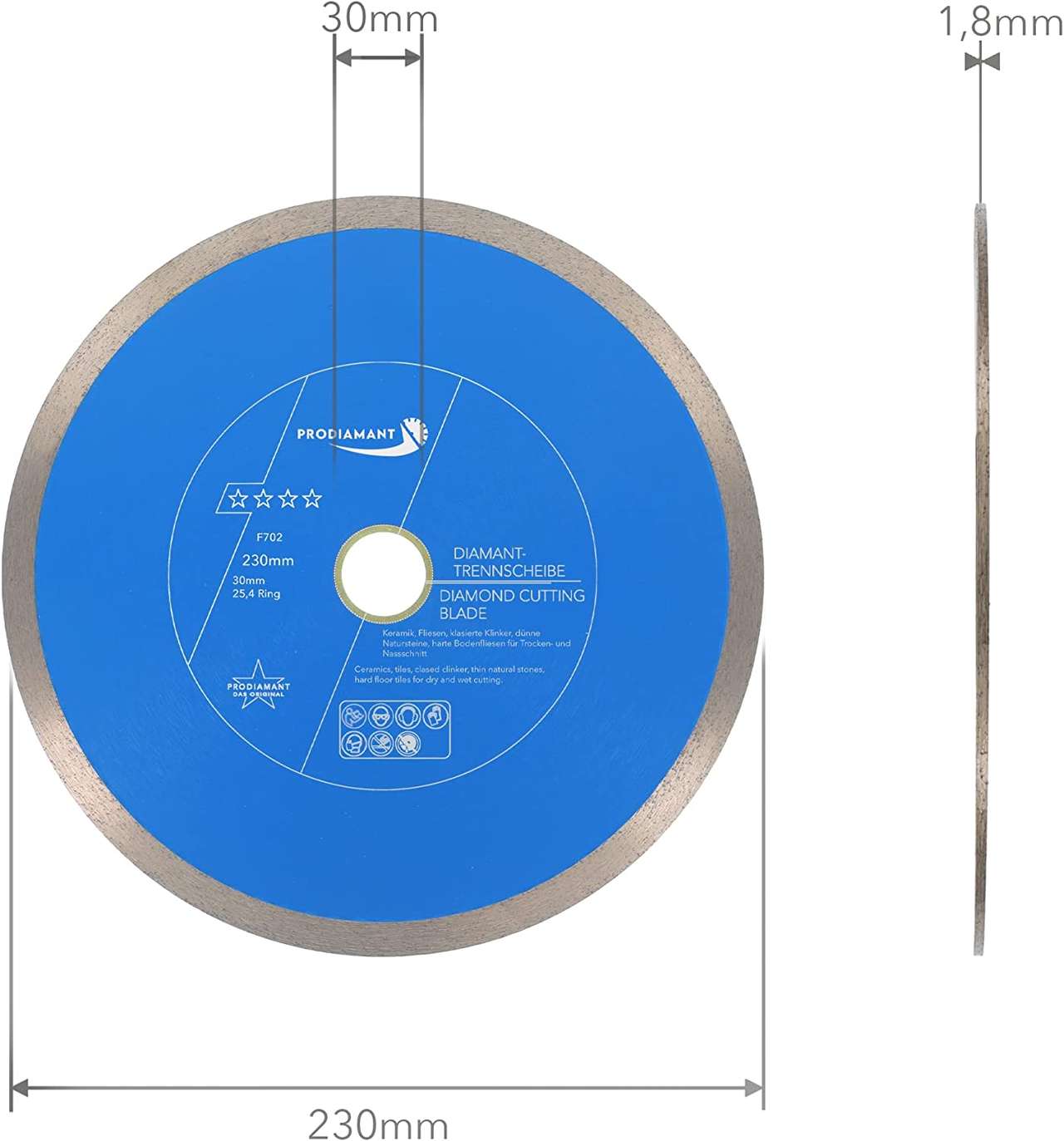 prodiamant diamanttrennscheibe fliese f702 230mm 30 abmessung