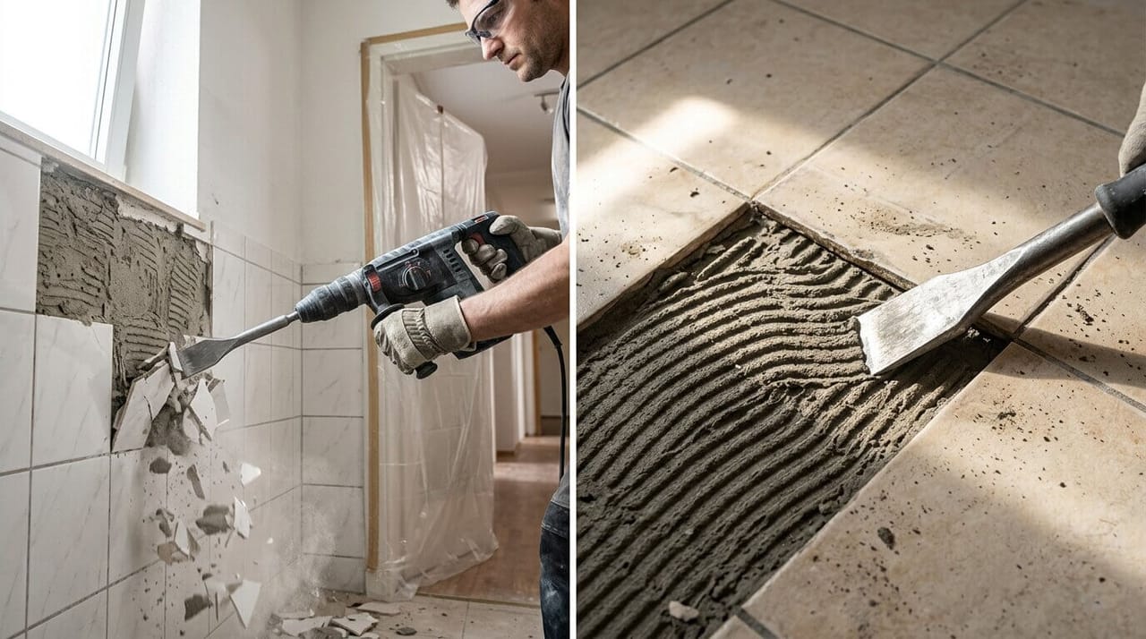 Alte Wandfliesen werden mit dem Bohrhammer und Flachmeißel abgeschlagen