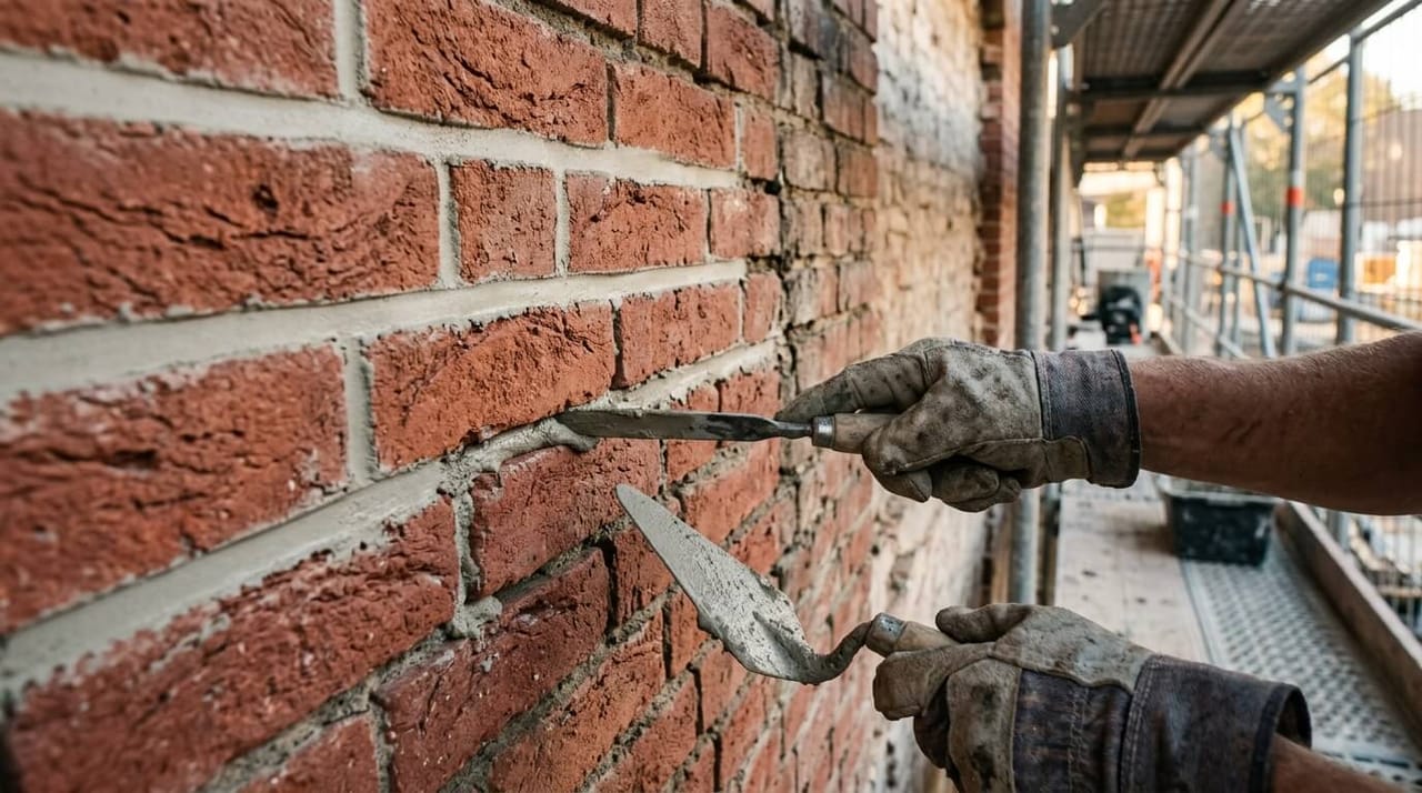 Neu verfugen einer Klinkerwand mit Fugeisen und frischem Moertel