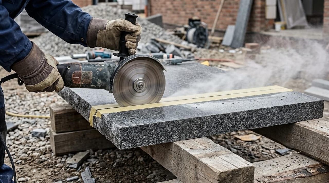 Granitplatte wird mit Winkelschleifer und Diamanttrennscheibe geschnitten