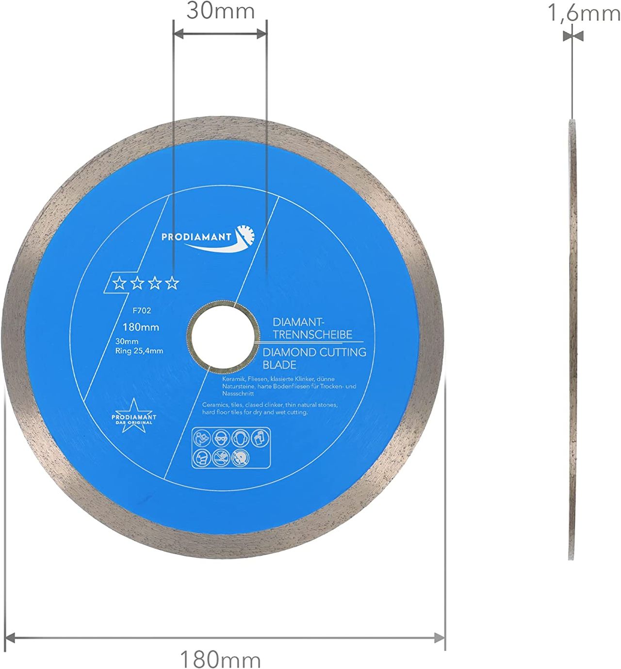 prodiamant diamanttrennscheibe fliese f702 180mm 30 abmessung