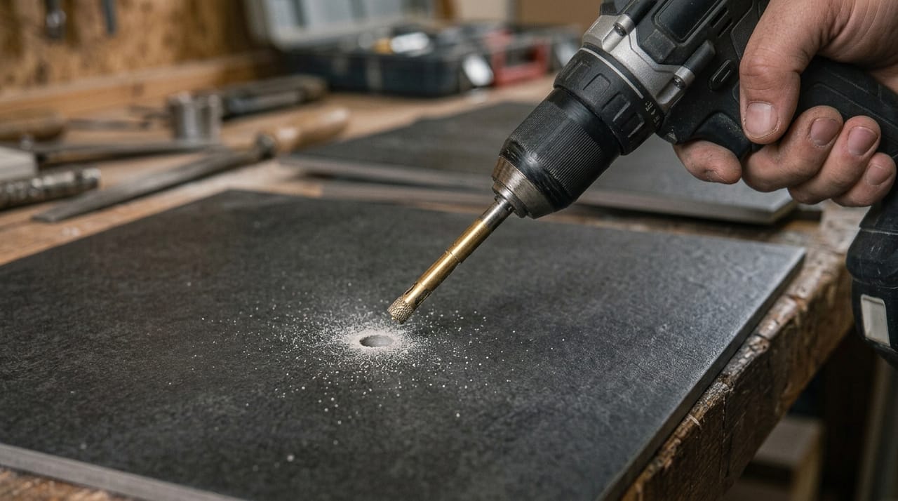 Diamantbohrkrone wird im 45-Grad-Winkel schraeg an einer Fliese angesetzt